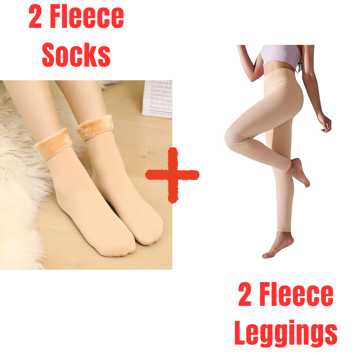 Koa Nude Winter Warm Leggings + Fleece Socks Combo (Pack of 2)
