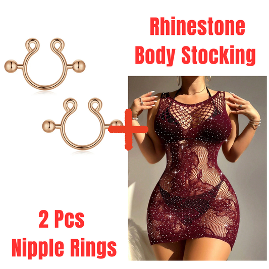 Rhinestone Half Body Stocking + Nipple Rings Combo Set