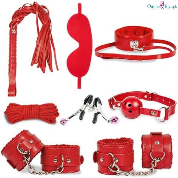 8 PCS BDSM Bondage Kit with Ball Gag - Red