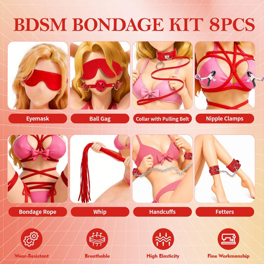 8 PCS BDSM Bondage Kit with Ball Gag - Black
