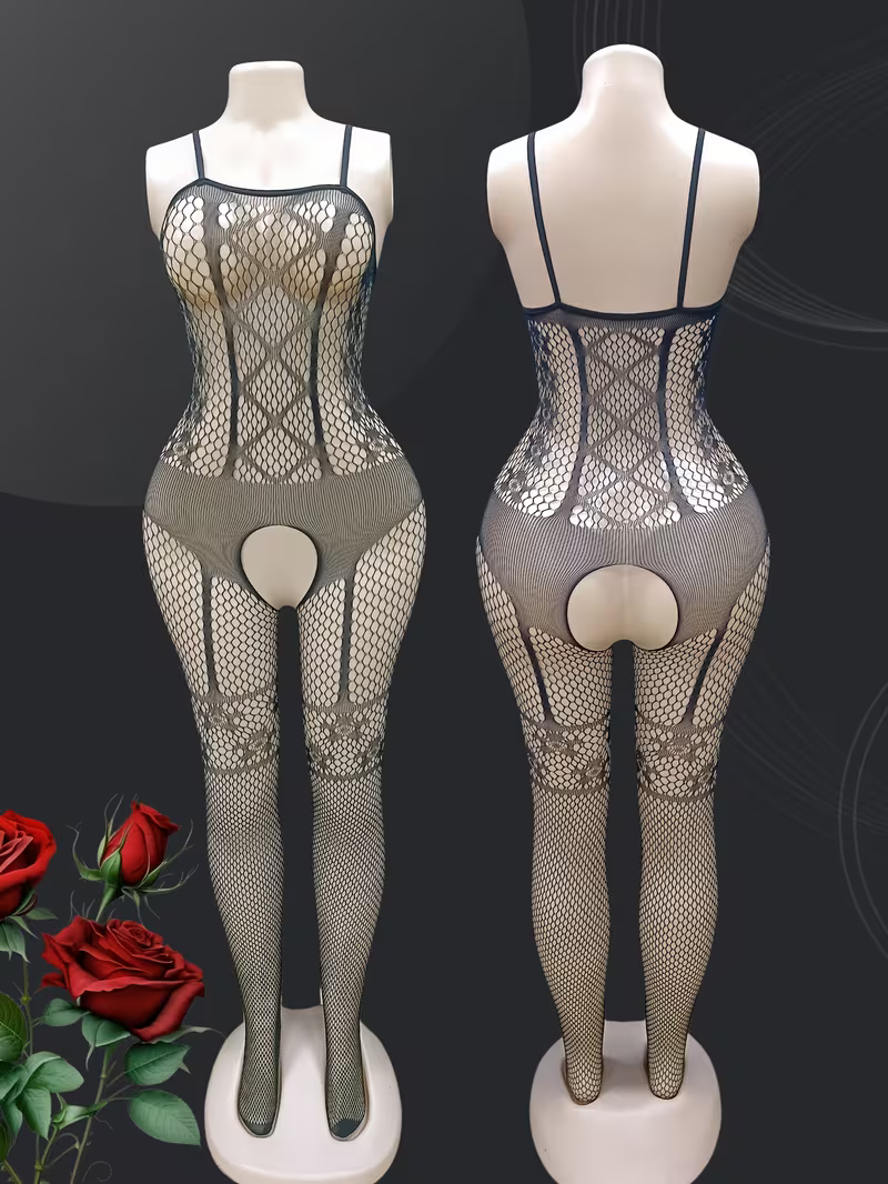 Cut-Out Fishnet Bodysuit with Suspender Full Body Stocking