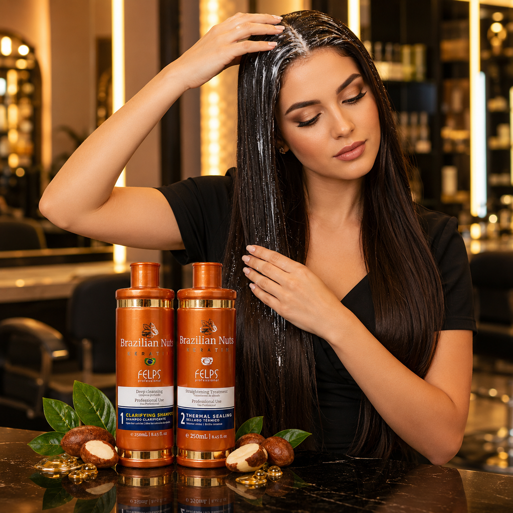 Brazilian Nuts Keratin Kit – Clarifying Shampoo Step 1 & Thermal Sealing Step 2 | 250ml & 1000ml | She Cosmetics®
